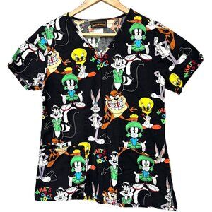 Looney Tunes Scrub Top Size XS Two Pocket Taz with Braces Tweety Sylvester